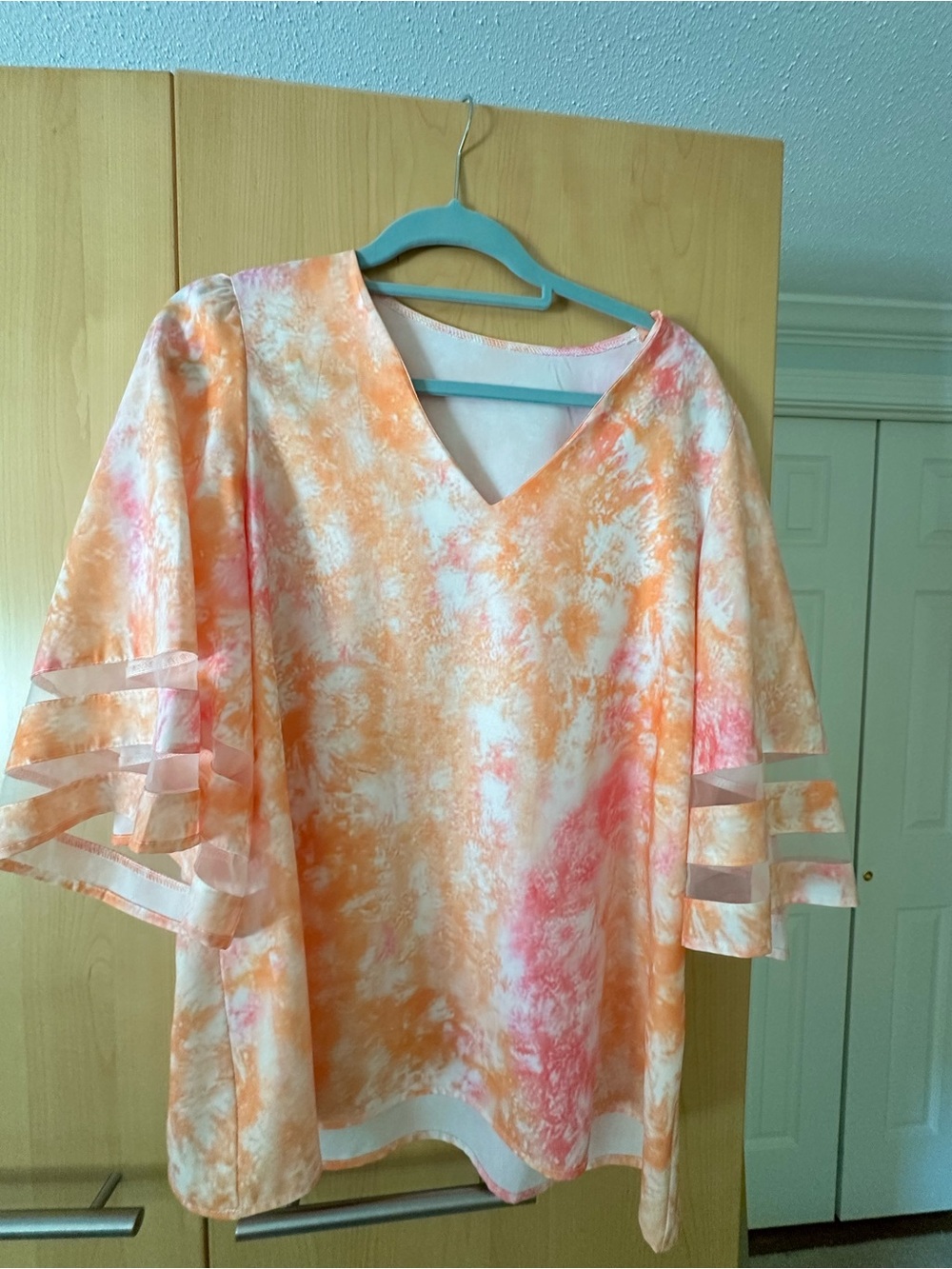 Women's Orange Tie-Dye V-Neck Flutter Sleeve Top cruise wear in ice cream colors